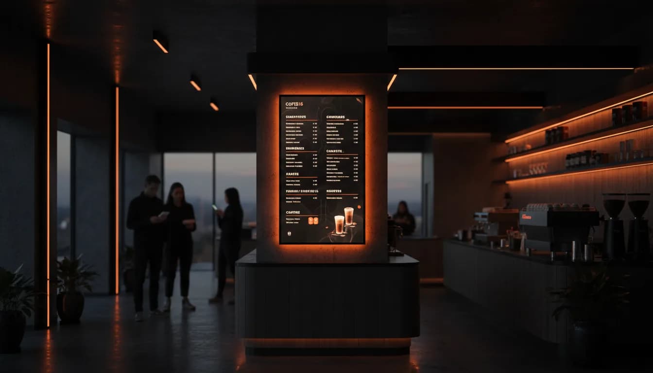 Écran d'affichage dynamique dans un café : menu digital lumineux en ambiance chaleureuse