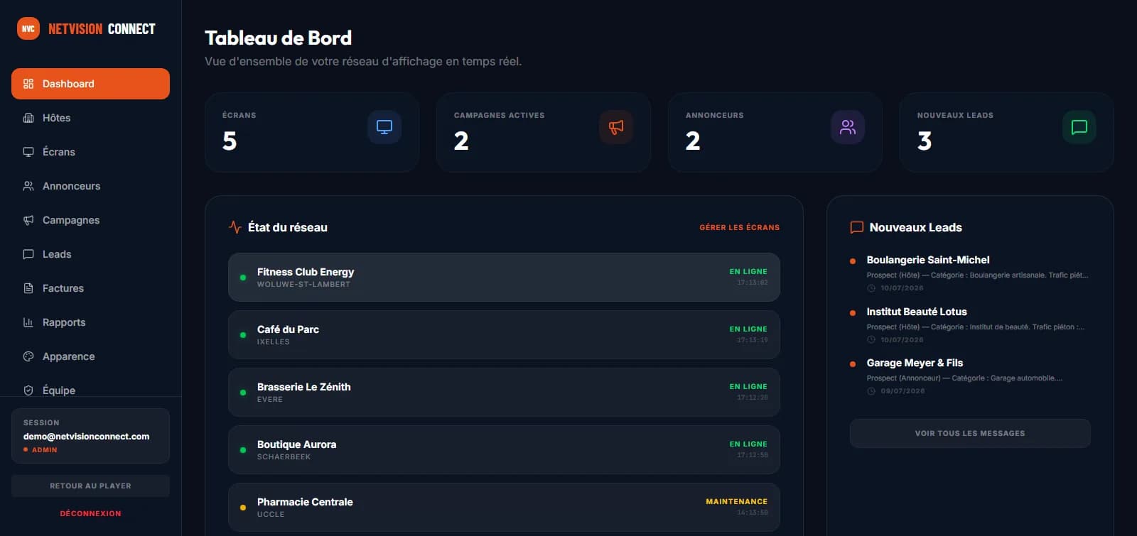 Tableau de bord NetVision Connect : état du réseau et indicateurs en temps réel