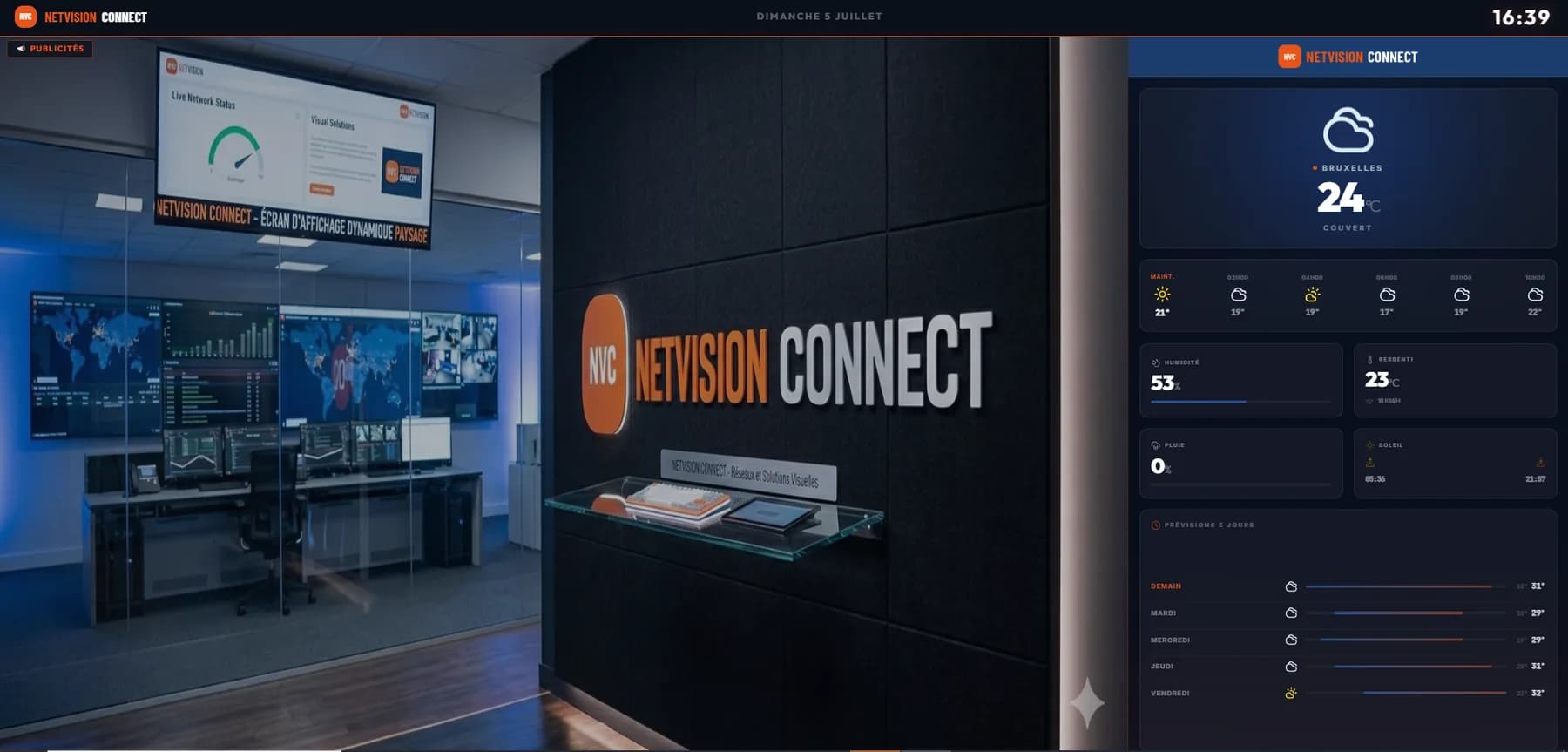 Le player NetVision Connect en diffusion : contenu principal et widget météo en temps réel